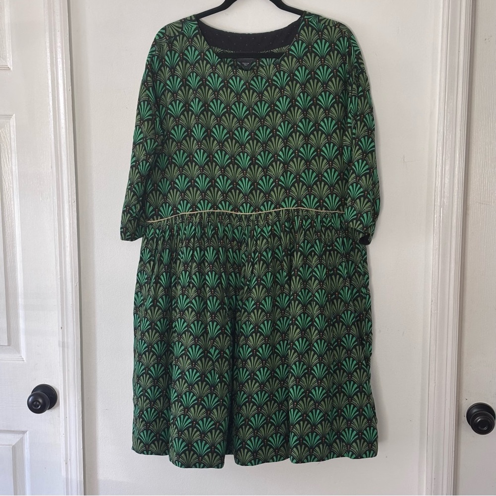 Anthropologie Green and Black Patterned Whimsy Holiday Midi Dress - Picture 2 of 11